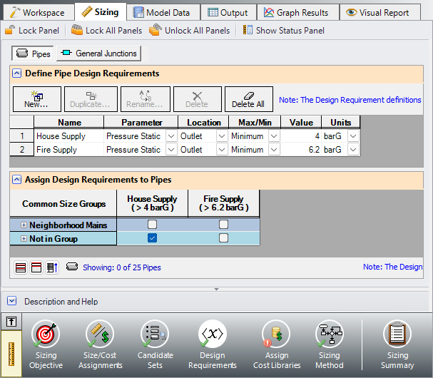 Design Requirements panel defined for the primary design case.